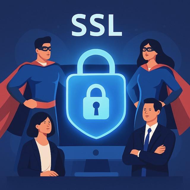 輝く錠前アイコンとスーパーヒーローが小規模事業者を守るイラスト。SSL証明書によるセキュリティと信頼性を象徴している。