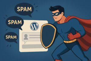 WordPressコメント欄を狙うスパム吹き出しを、盾を構えたスーパーヒーローが防いでいるイラスト。