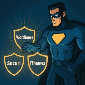 スーパーヒーローが「Wordfence」「Sucuri」「iThemes」と書かれた光る盾を比較しているイラスト。