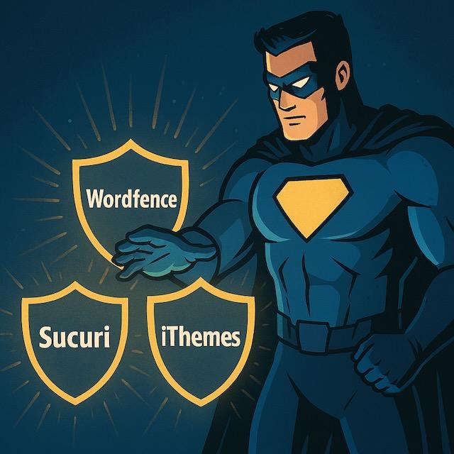スーパーヒーローが「Wordfence」「Sucuri」「iThemes」と書かれた光る盾を比較しているイラスト。