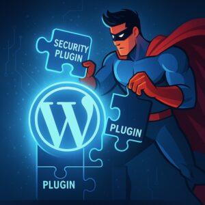 スーパーヒーローがWordPressロゴにセキュリティプラグインのパズルピースを組み込むイラスト。プラグインによる防御を象徴。
