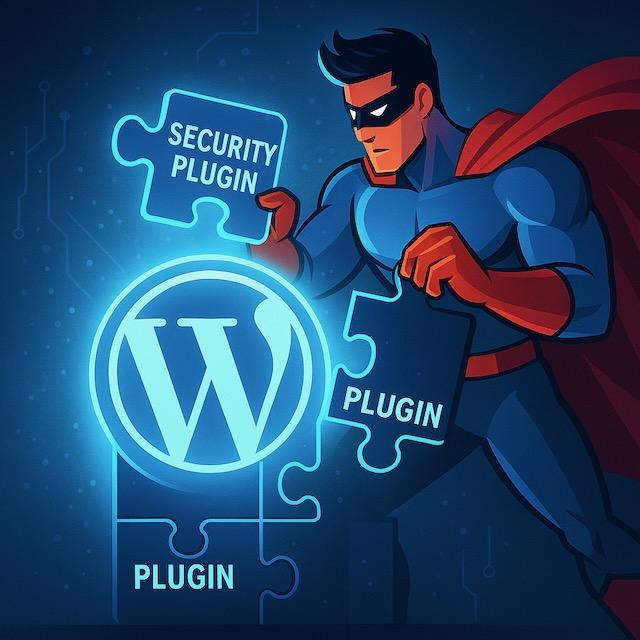 スーパーヒーローがWordPressロゴにセキュリティプラグインのパズルピースを組み込むイラスト。プラグインによる防御を象徴。