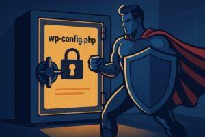 wp-config.phpファイルを金庫に閉じ込め、盾を持つスーパーヒーローが守っているイラスト。ファイル権限とセキュリティ強化を象徴。