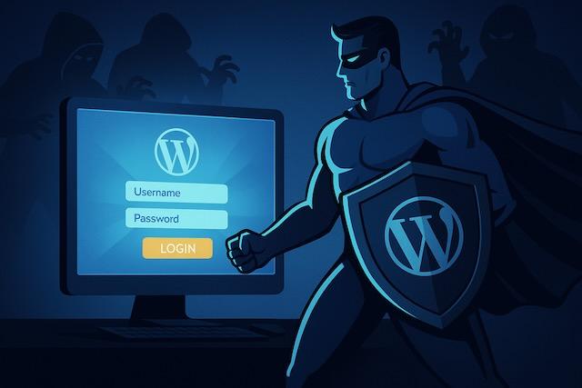 WordPressログイン画面を前に、盾を構えるスーパーヒーローが不正ログインを狙うハッカーの影を防いでいるイラスト。