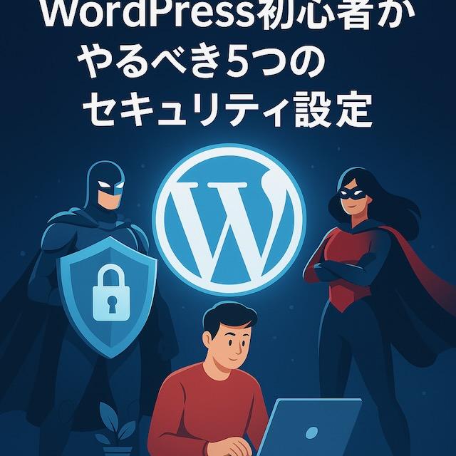 WordPressロゴの前でノートPCを操作する初心者を、盾と鍵を持つヒーローたちが守っているイラスト。サイトセキュリティを象徴。