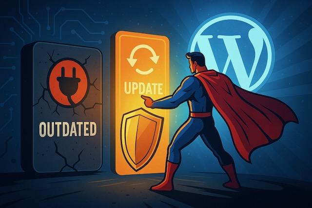 古いプラグインが割れて壊れ、ヒーローが「UPDATE」ボタンを押して修復するイラスト。WordPressロゴと盾が背景に輝いている。