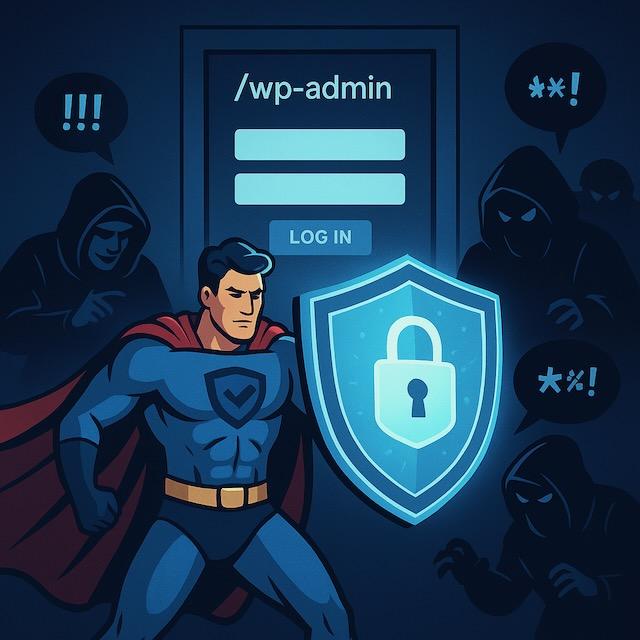 wp-adminログイン画面を盾で守るスーパーヒーローと、その周囲で侵入を狙うハッカーたちのイラスト。