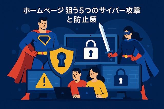スーパーヒーローが中小企業の人々とコンピュータを守るイラスト。盾と剣を持った男女のヒーローがセキュリティを象徴し、画面には鍵マークが表示されている。