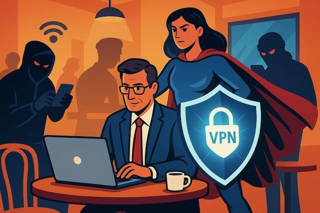 カフェでノートPCを使うビジネスマンを、VPNシールドを持つ女性ヒーローが守るイラスト。背景にはサイバー攻撃者のシルエットが描かれている。