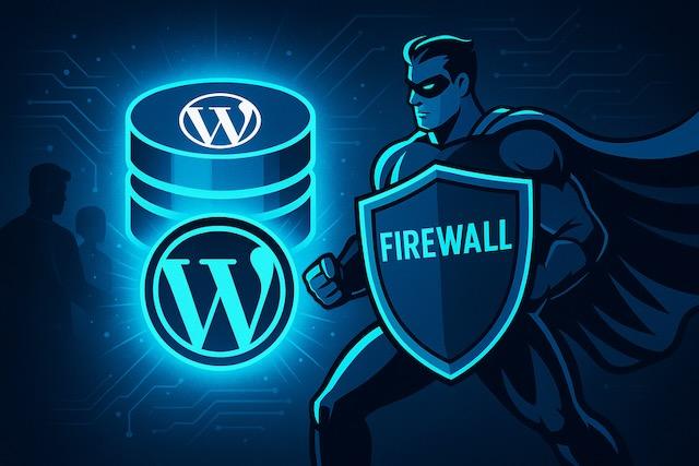WordPressロゴ付きのデータベースを、防火壁の盾を持つスーパーヒーローが守っているイラスト。SQLインジェクション対策を象徴。