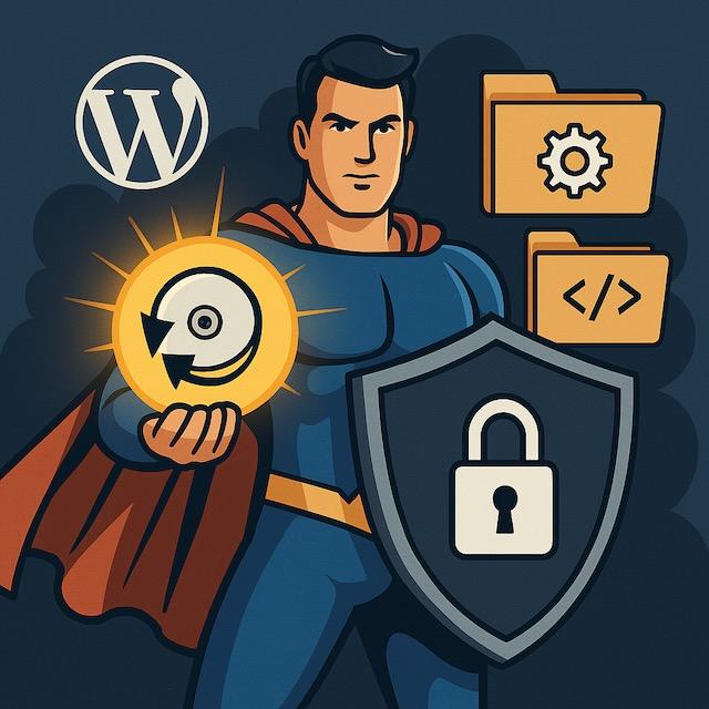 WordPressロゴとバックアップアイコンを守るヒーローが盾を構え、データフォルダを保護しているイラスト。バックアップの重要性を象徴。