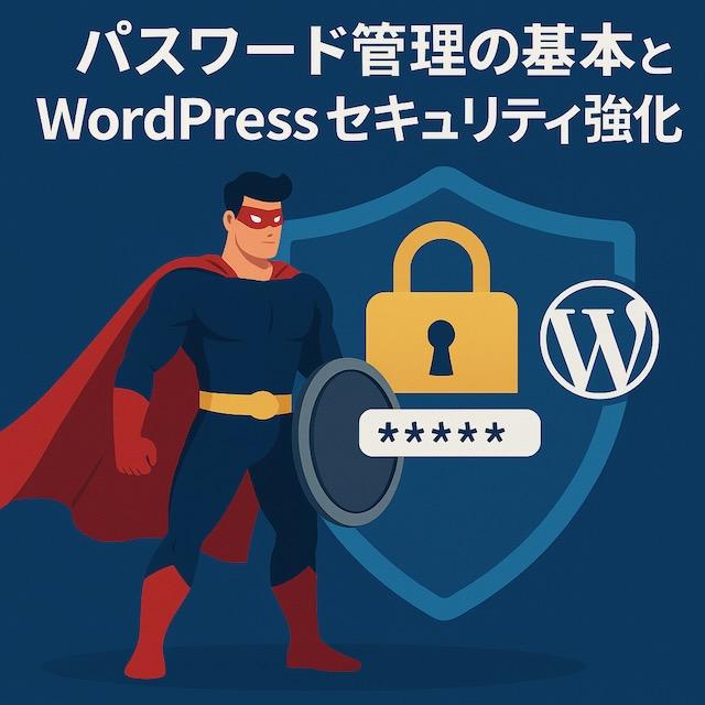 大きな盾と南京錠の前でスーパーヒーローが立ち、WordPressロゴとパスワードを守っているイラスト。パスワード管理の重要性を象徴。