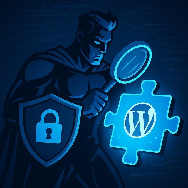 スーパーヒーローがWordPressプラグインのピースを虫眼鏡で調べ、盾には鍵マークが描かれているイラスト。プラグイン安全性を象徴。