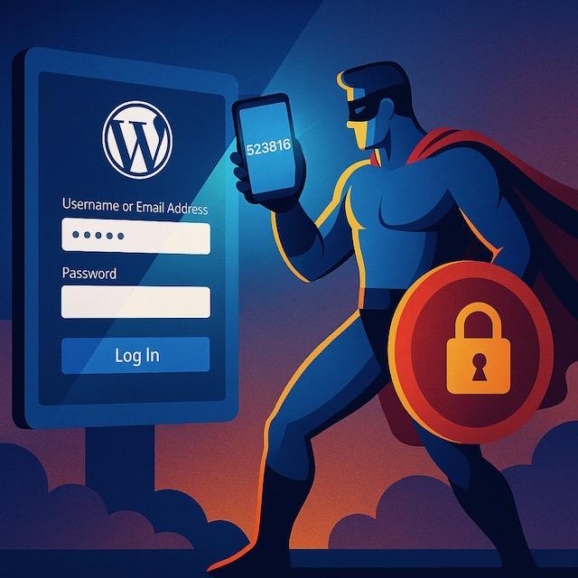 WordPressログイン画面の前でスマホに表示されたMFAコードを掲げ、盾を持つスーパーヒーローが不正ログインを防いでいるイラスト。