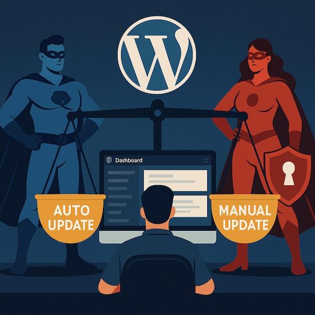 WordPressダッシュボードを背景に、自動更新と手動更新を象徴する2人のスーパーヒーローが天秤を支えるイラスト。セキュリティの選択を示している。