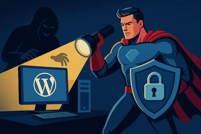 WordPress画面を狙うハッカーを、懐中電灯と盾で照らし出すスーパーヒーローのイラスト。早期発見と防御を象徴。