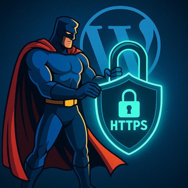 WordPressロゴの前で、スーパーヒーローが光るHTTPSパドロックを守っているイラスト