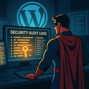 WordPressロゴの前で、スーパーヒーローがセキュリティ監査ログを監視しているイラスト。