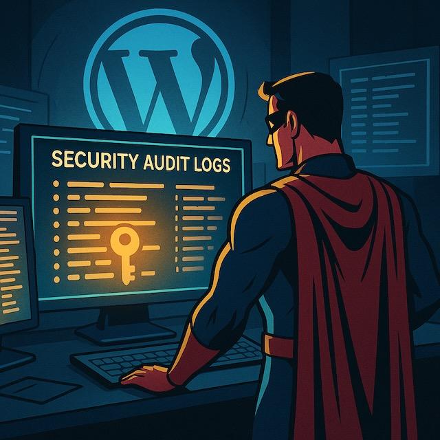 WordPressロゴの前で、スーパーヒーローがセキュリティ監査ログを監視しているイラスト。