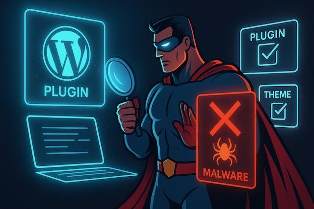 スーパーヒーローがWordPressプラグインを検査し、マルウェア入りの危険なプラグインをブロックしているイラスト。