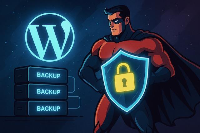 WordPressロゴと「BACKUP」と書かれたドライブを、鍵付きシールドを持つスーパーヒーローが守っているイラスト。