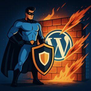 WordPressロゴを背に、ファイアウォールと盾でサイバー攻撃を防ぐスーパーヒーローのイラスト。
