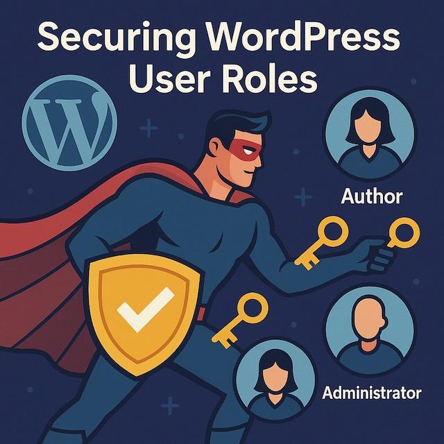 WordPressロゴを背景に、スーパーヒーローが管理者・編集者・投稿者へ光る鍵を配っているイラスト。権限管理の重要性を象徴。