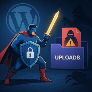 WordPressアップロードフォルダを狙う不正ファイルを、盾と剣を持ったスーパーヒーローが防いでいるイラスト。