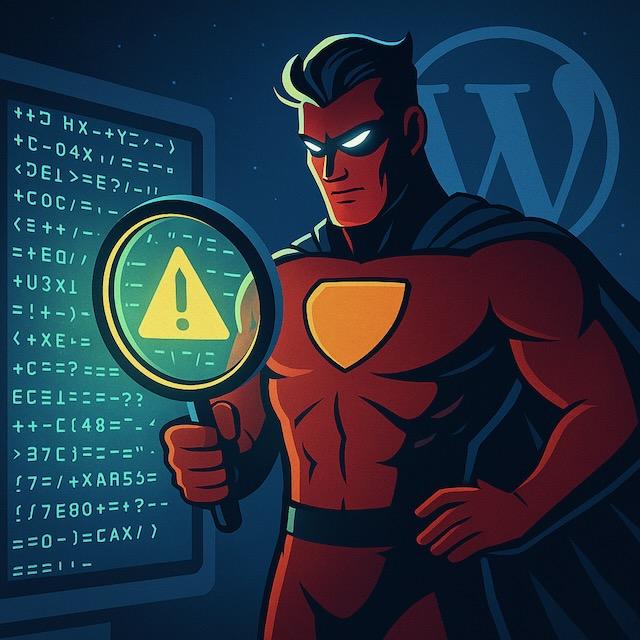 スーパーヒーローが虫眼鏡でWordPressコードを調査し、脆弱性を発見しているイラスト。