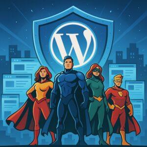 巨大なWordPressロゴ入りの盾の前に、セキュリティを象徴する4人のスーパーヒーローが街を守っているイラスト。