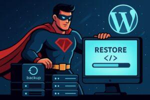 スーパーヒーローがバックアップサーバーと「RESTORE」と表示された画面を守っているイラスト。