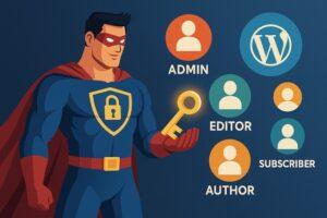 スーパーヒーローが光る鍵を持ち、WordPressのユーザー権限(Admin、Editor、Author、Subscriber)を守っているイラスト。