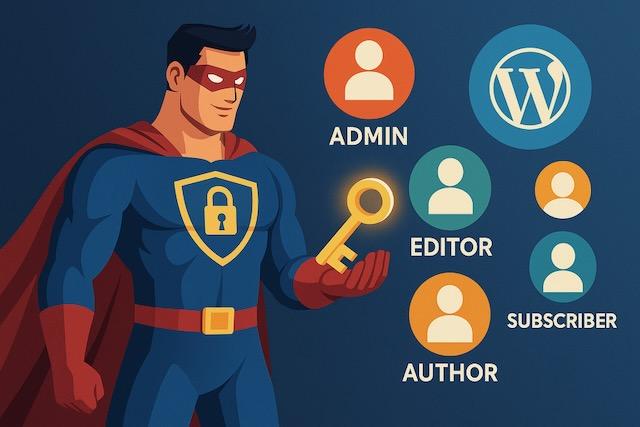 スーパーヒーローが光る鍵を持ち、WordPressのユーザー権限(Admin、Editor、Author、Subscriber)を守っているイラスト。