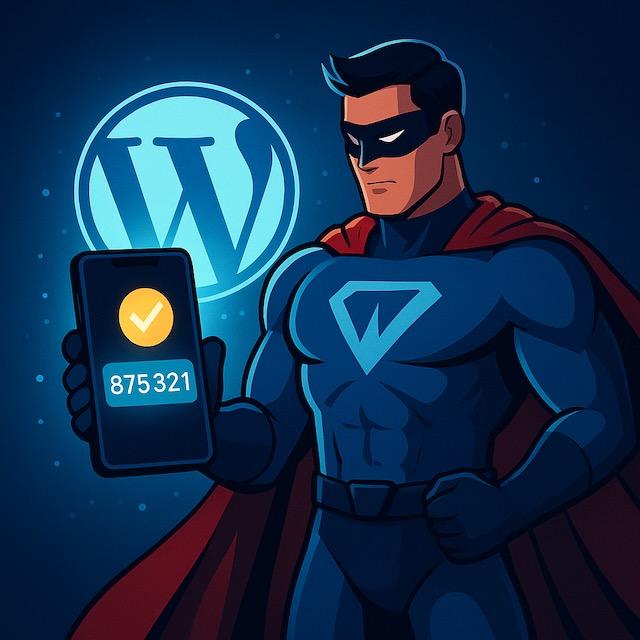 スーパーヒーローがスマホに表示された認証コードを見せ、WordPressロゴを背にログインを守っているイラスト。
